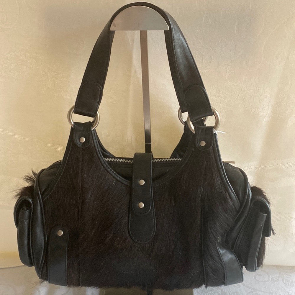 Black Leather & Haircalf Shoulder Bag with Top Zip and Strap Detail